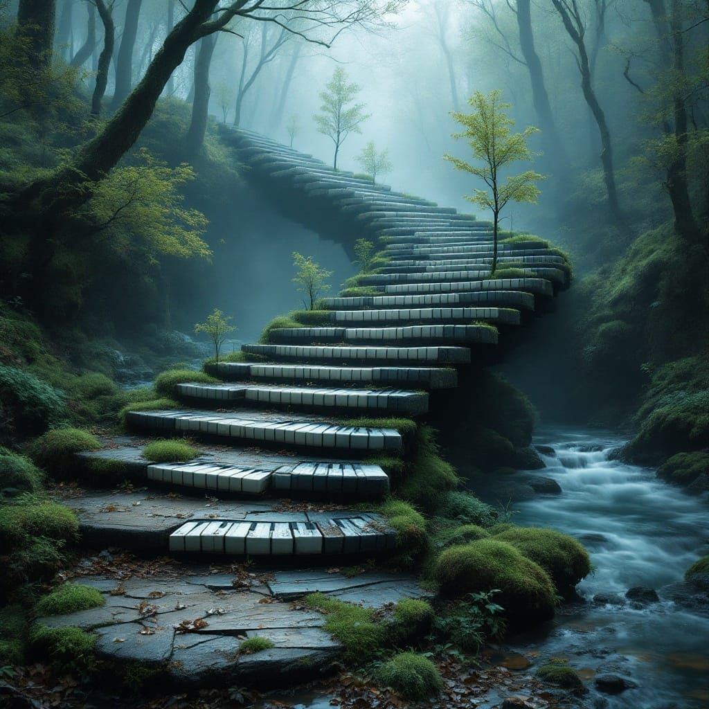 Ethereal Piano Key Staircase Over River in Misty Forest