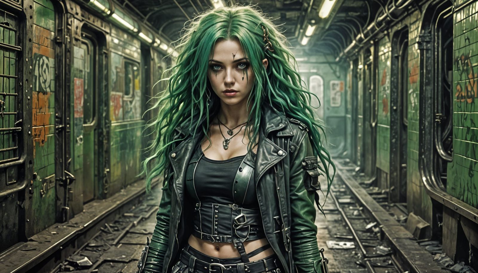 Green-Haired Woman in Ruined Subway, Fantasy Art