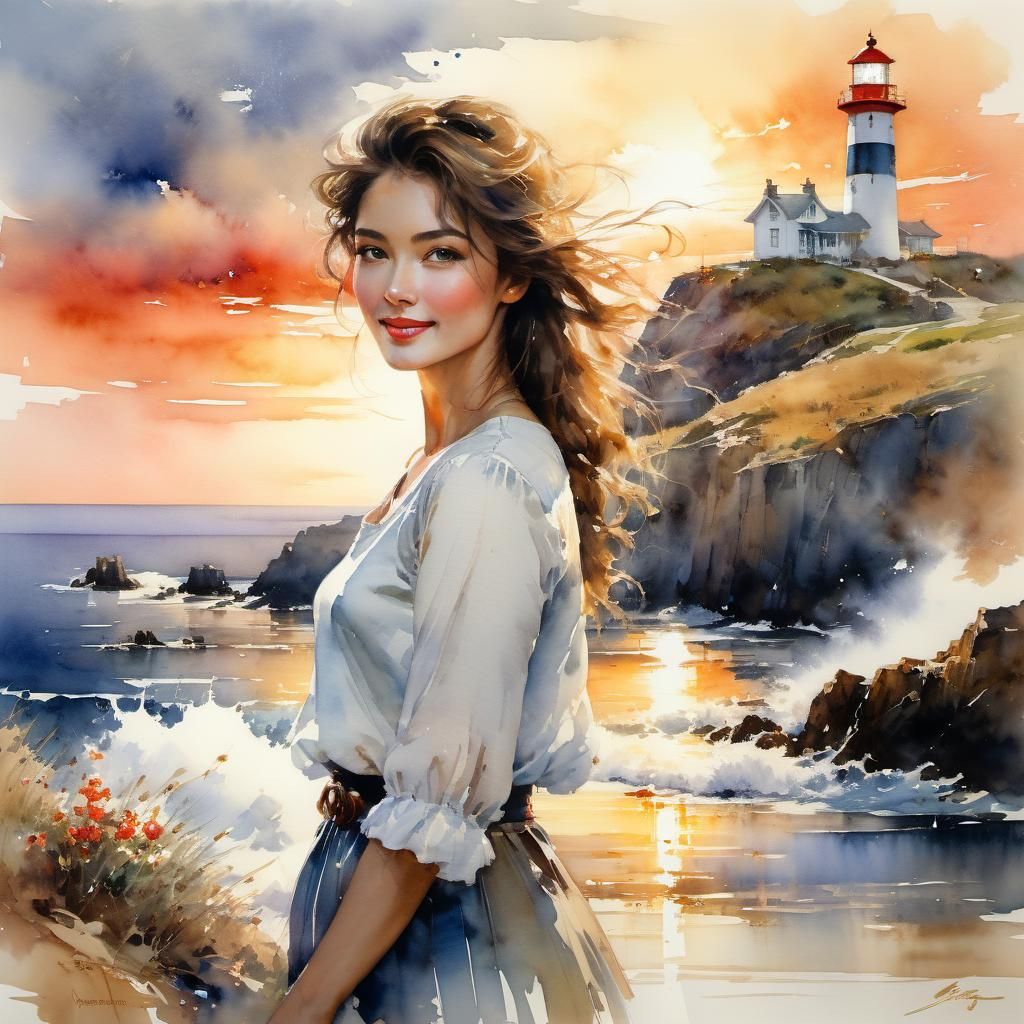 Watercolor Woman by Lighthouse, Vintage Portrait