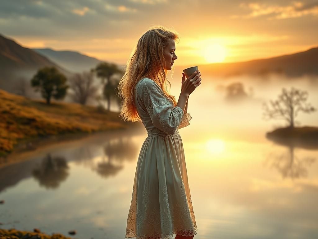 Woman Sipping Chocolate at Sunrise, Pre-Raphaelite Style