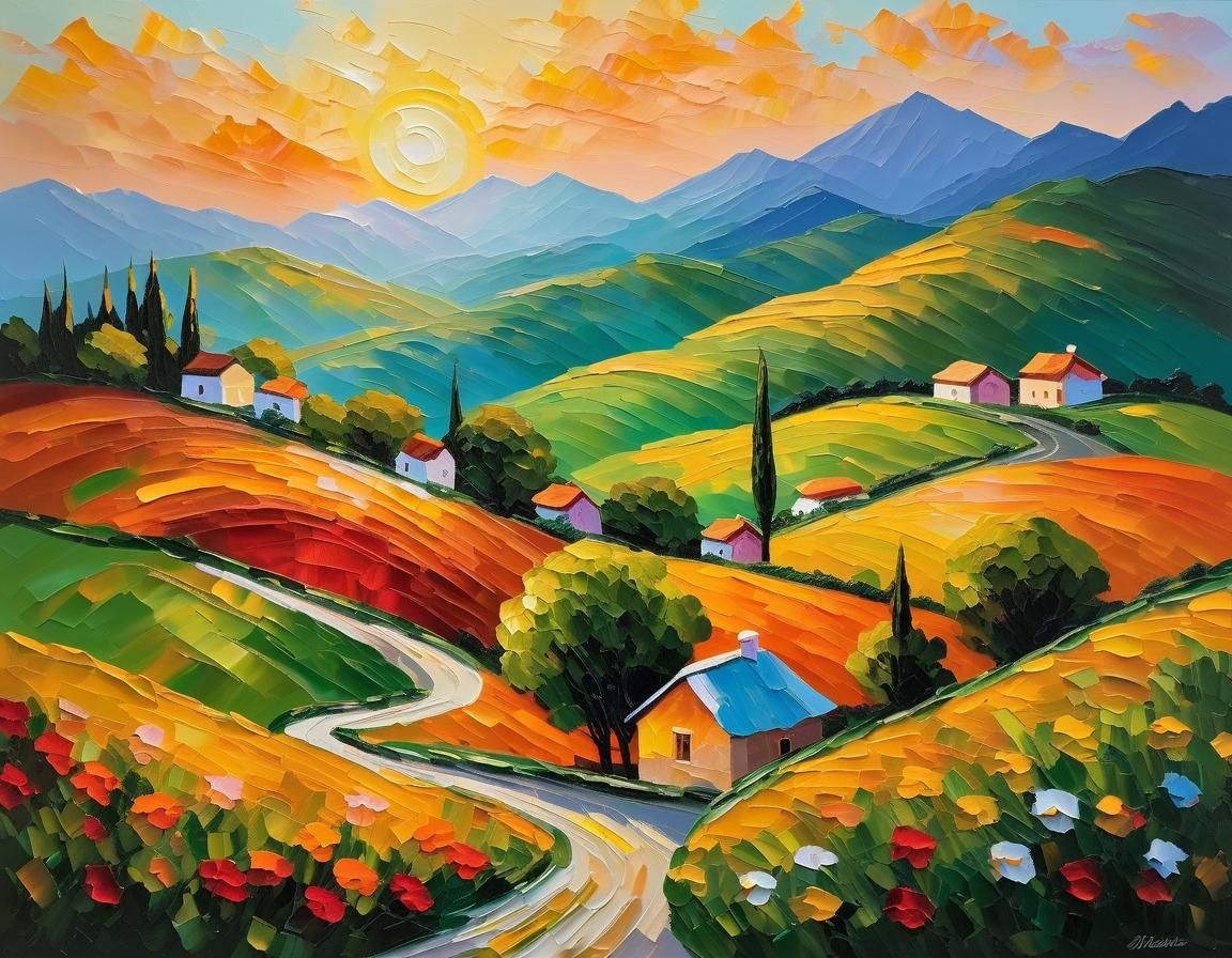 Impasto Painting of Houses in Rolling Hills