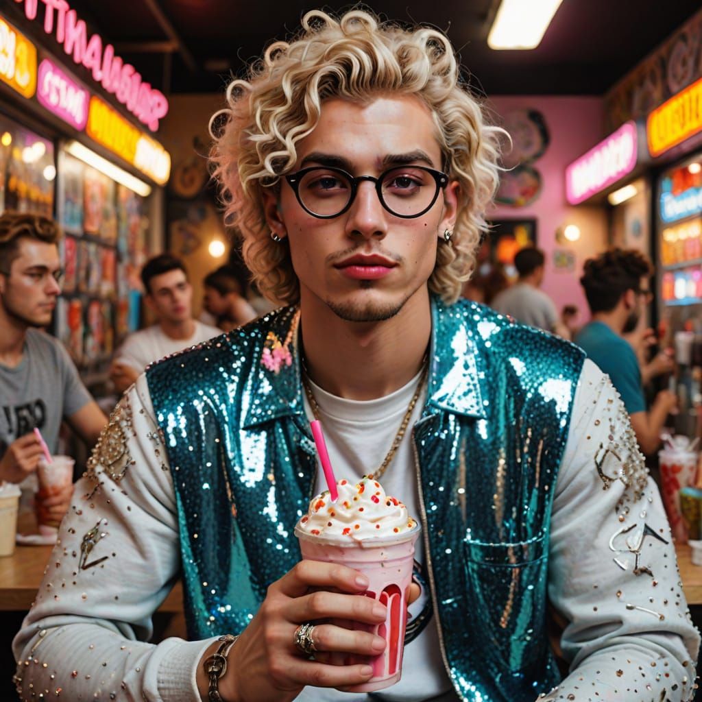 Grunge Guy with Glitter and Sparkle in Aesthetic Background