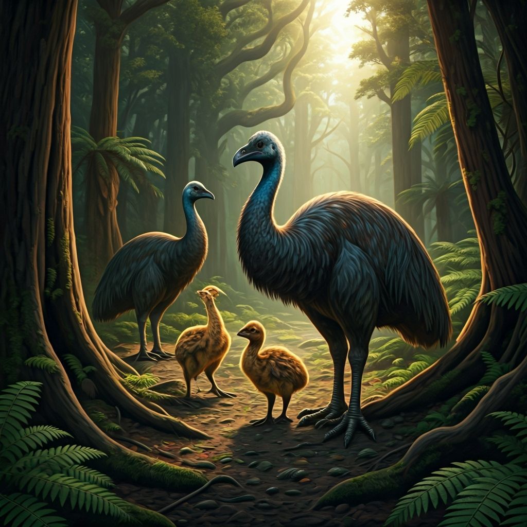 Moa Family in Primeval New Zealand Landscape