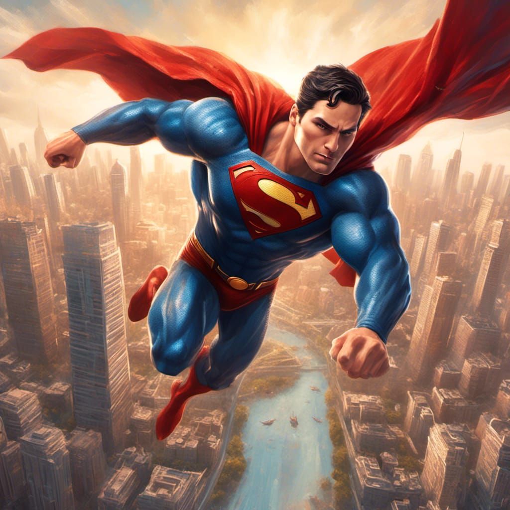 Superman Soaring Over Metropolis in Pop Art Style