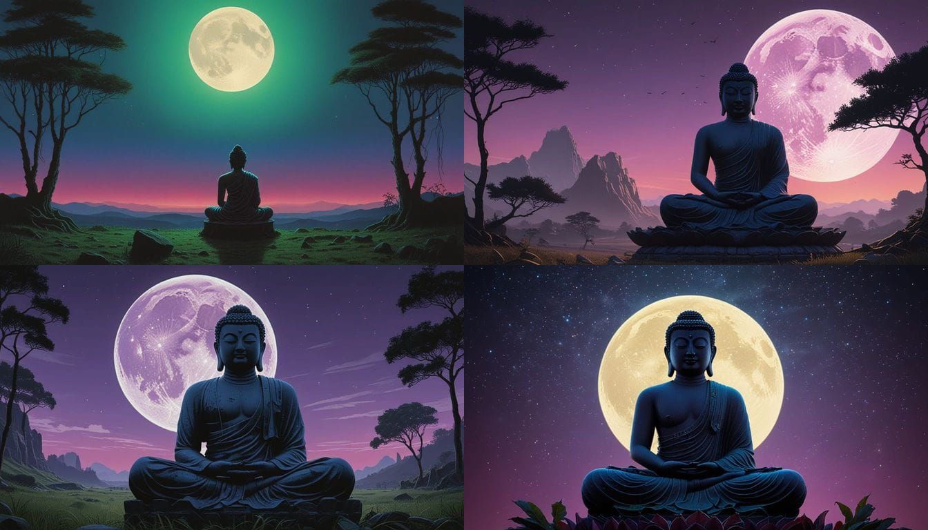 Create a serene and mystical image of Lord Buddha meditating under a glowing full moon on a tranquil night.