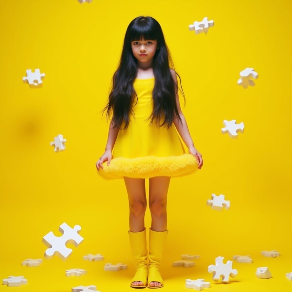 Porcelain Siren in Retro Yellow Dress with Puzzle Pieces