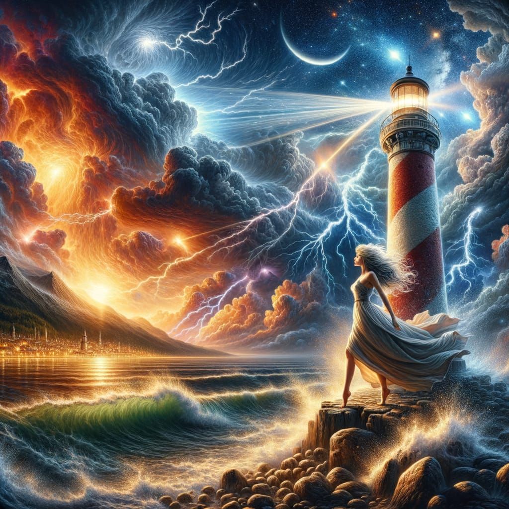 Hyperrealistic Lighthouse Woman in Stormy Night Sky