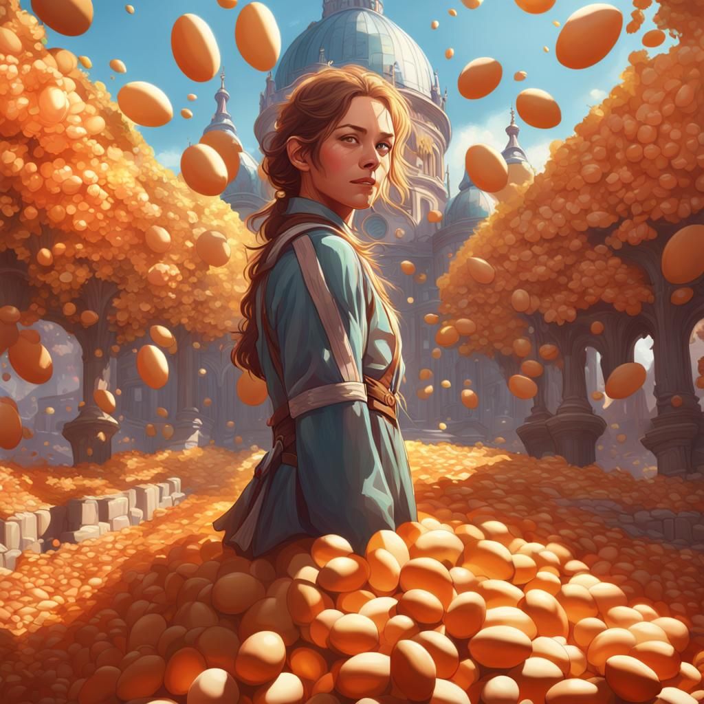 Happy Girl Walking on Eggs: Hyperdetailed Portrait