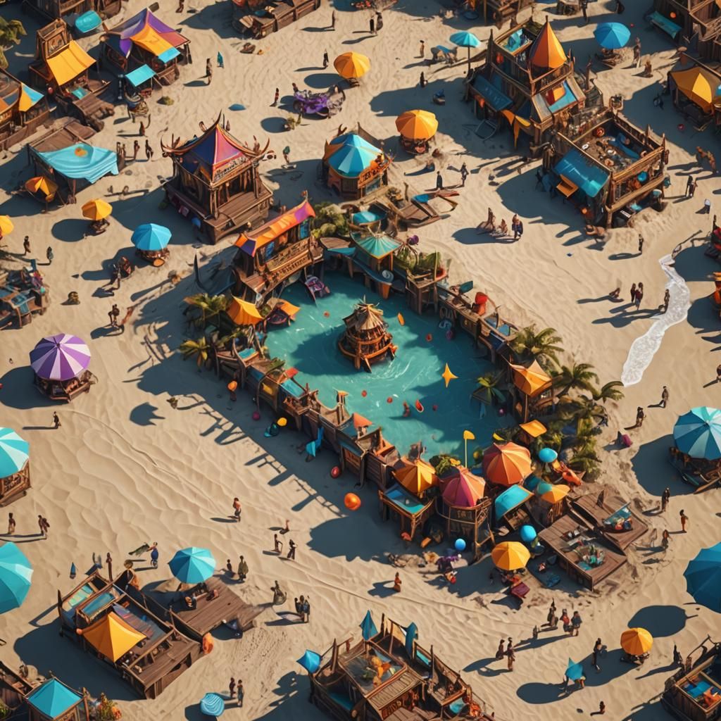 Vibrant Beach Party in Detailed Matte Painting Style