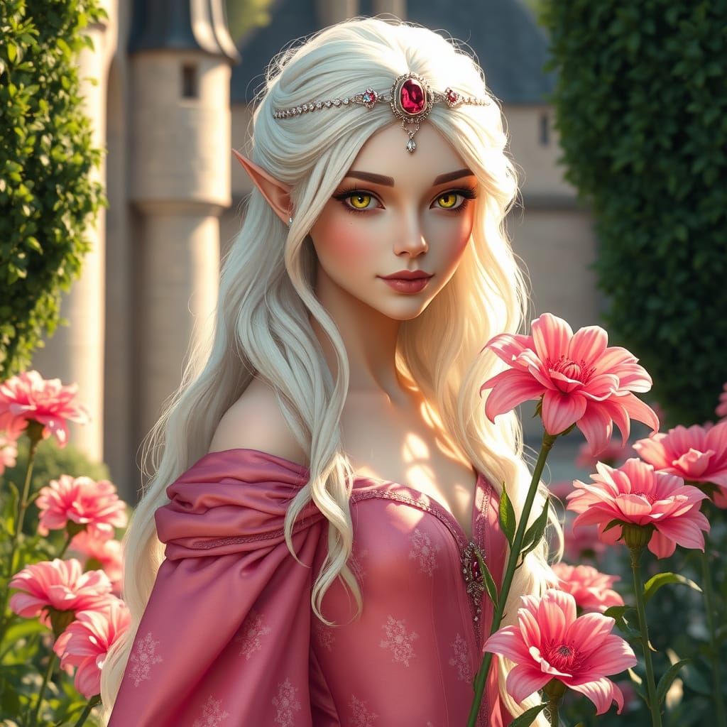 Elven Queen in Rose Silk Gown, Medieval Castle Courtyard