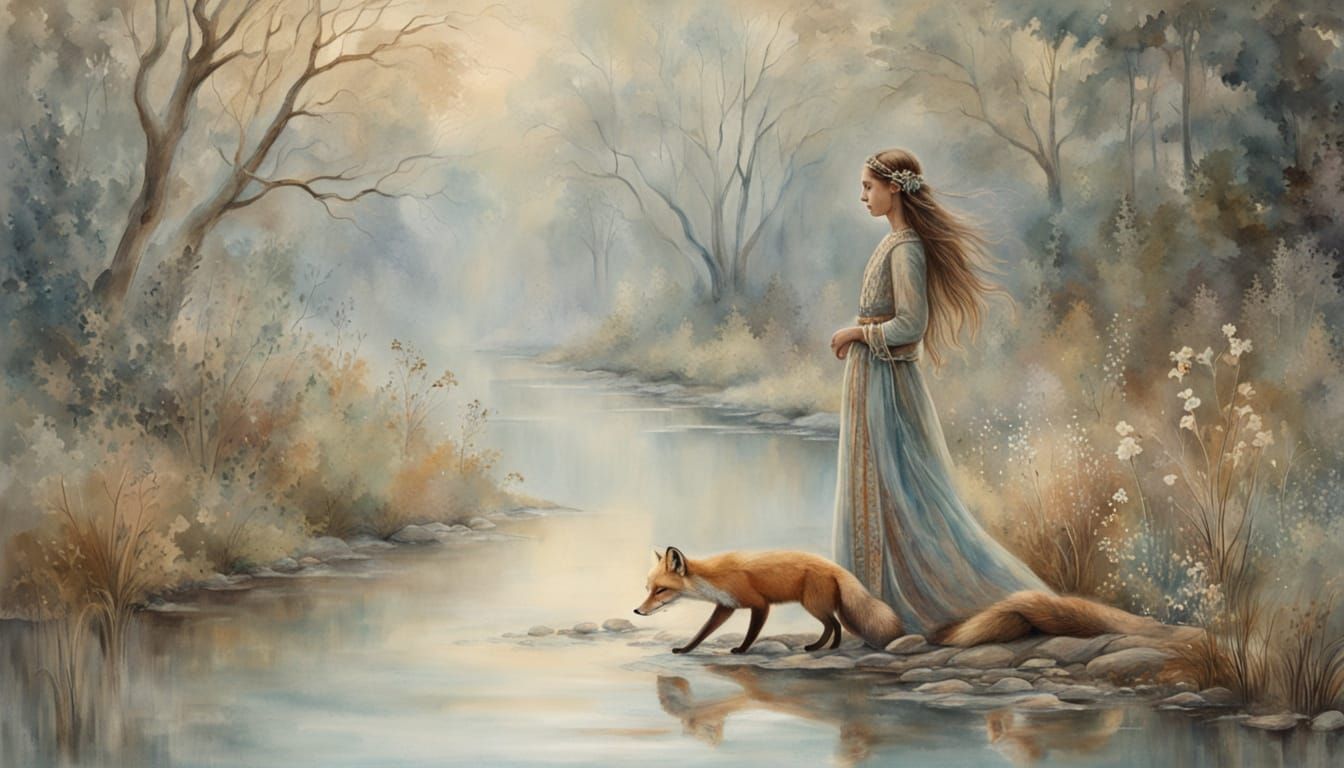 Tribal Girl Walks With Baby Fox in Misty Riverbank