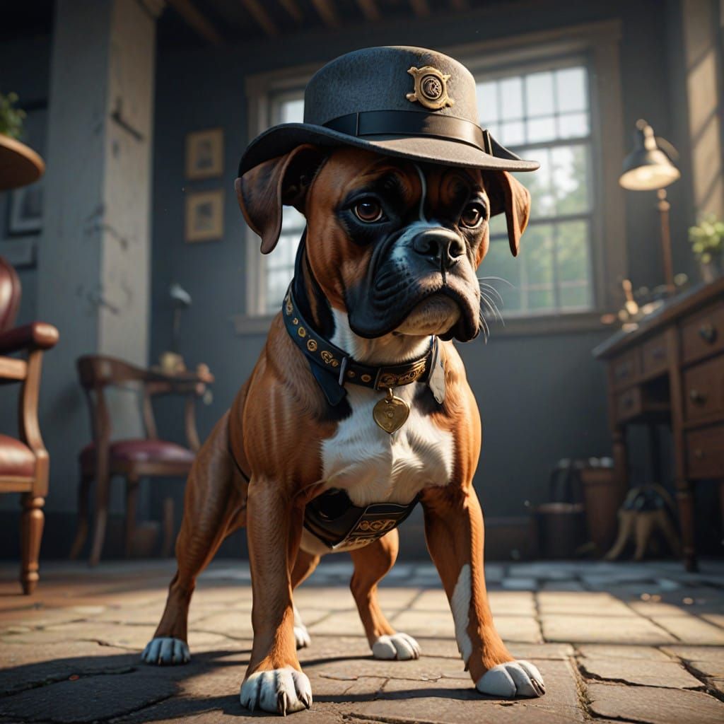 boxer dog wearing a derby hat