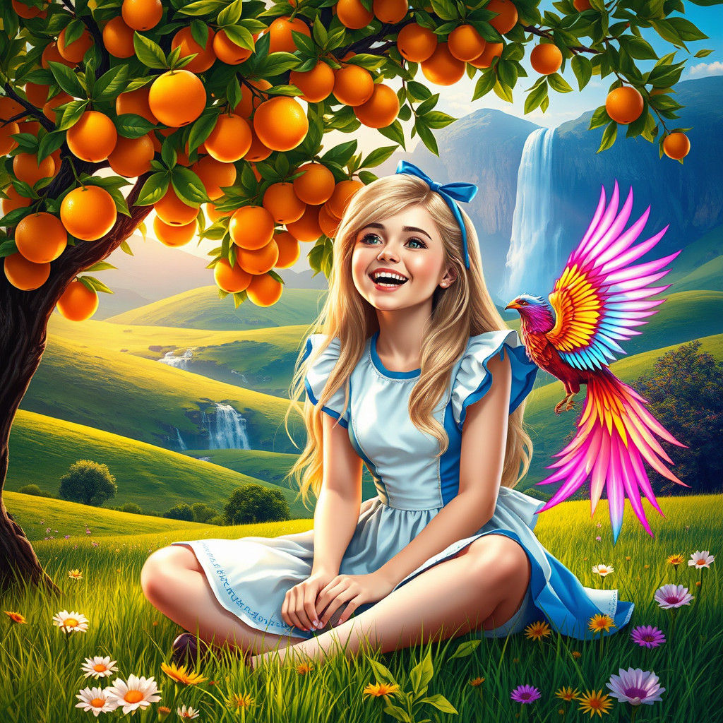 Alice in Wonderland Laughing in Colorful Meadow