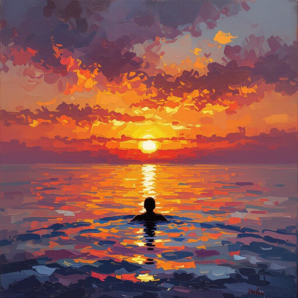 Lone Swimmer Towards Fiery Sunset in Impressionistic Style