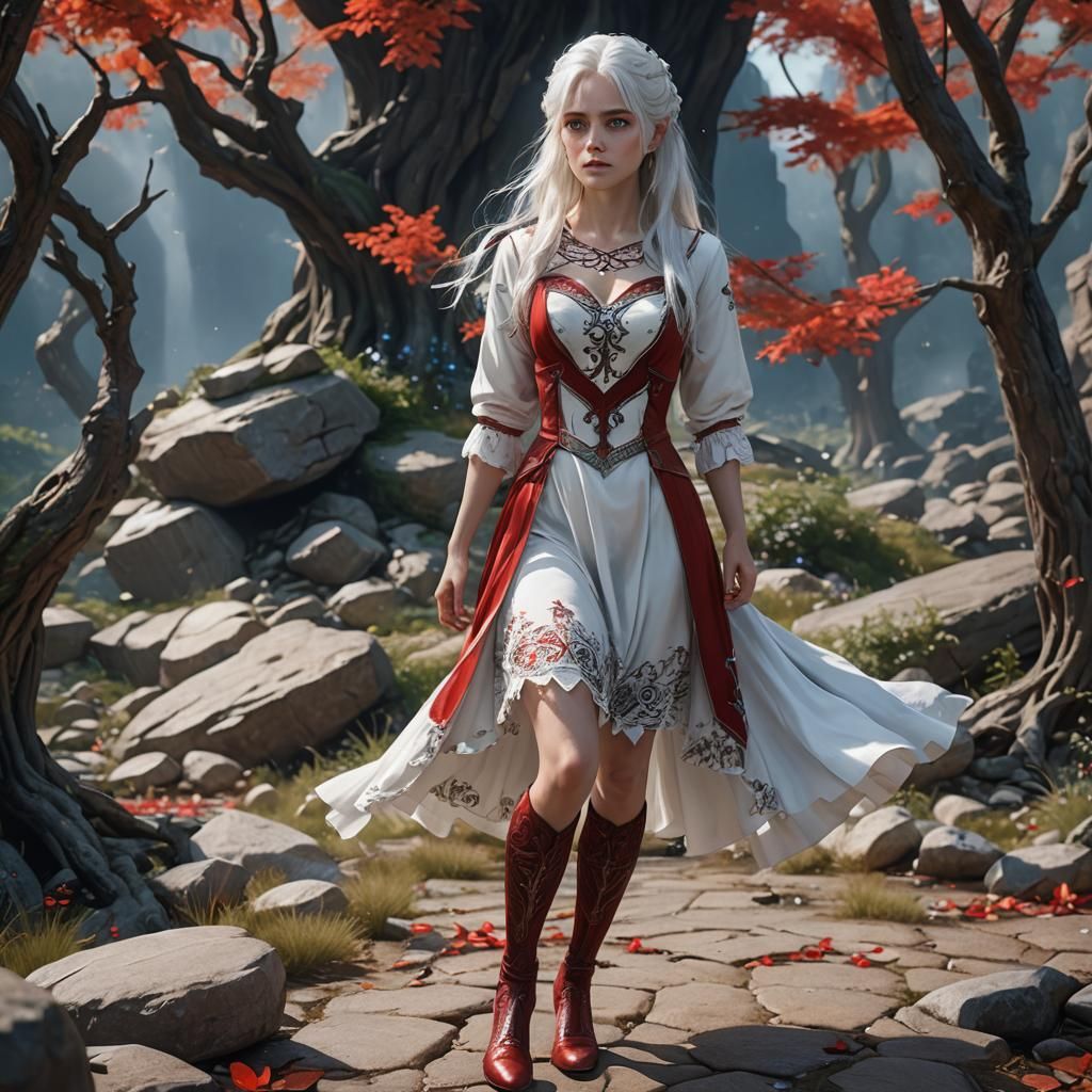 Photorealistic Woman with Red Dress and White Hair