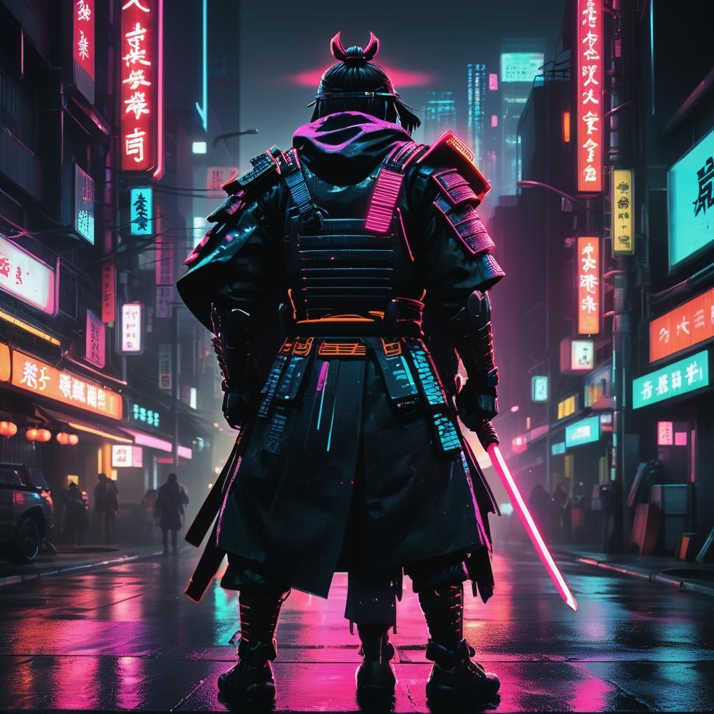 Cyberpunk Samurai Guard in Neon Cityscape