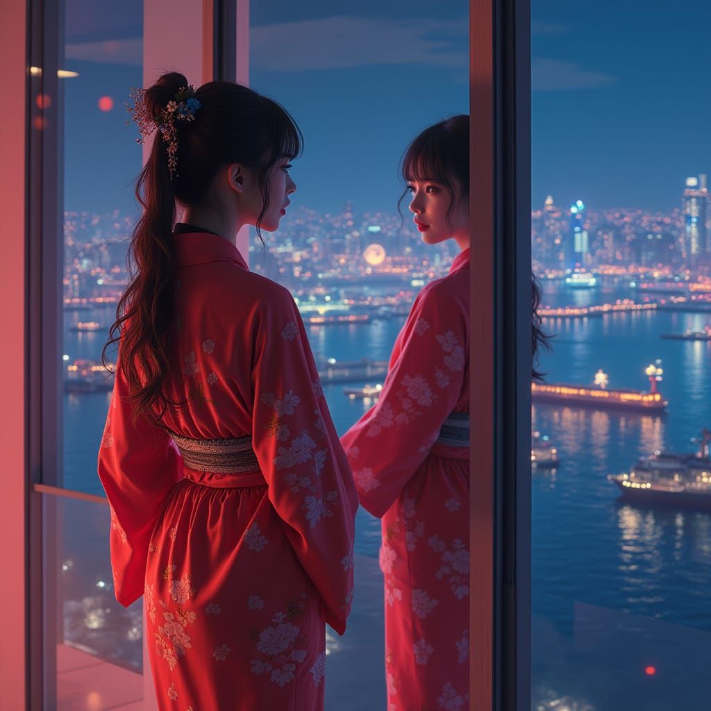 Japanese Woman in Modern Penthouse Overlooking Harbor