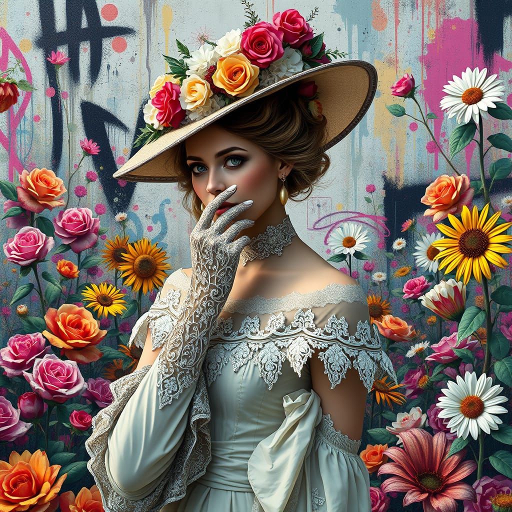 Elegant Victorian Woman in Whimsical Flower Garden