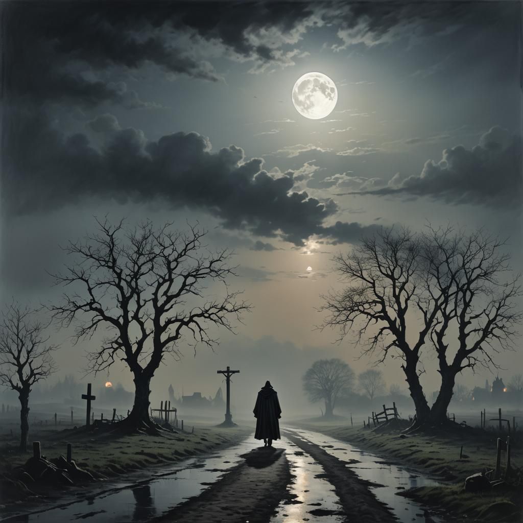 Mystical Crossroads Figure Under Gallows in Ethereal Moonlig...