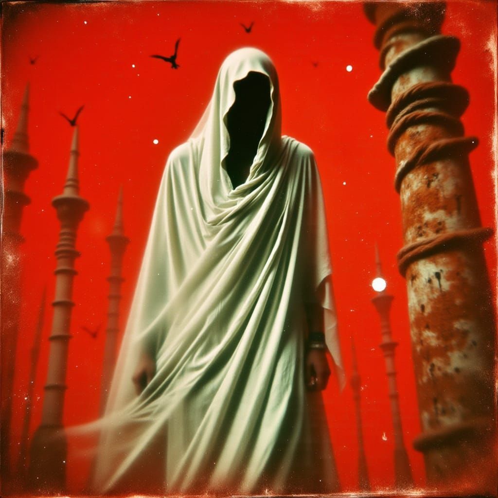 Vampire in White Dhoti on Red Saffron Background