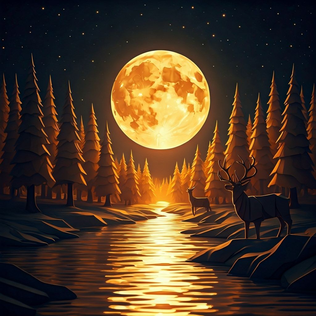 Golden Moonlit Origami Landscape at Night