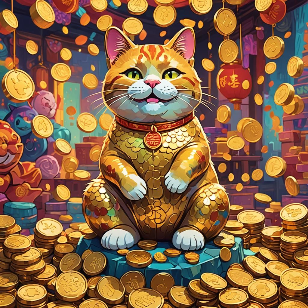 Smiling Money Cat Cartoon with Golden Aura