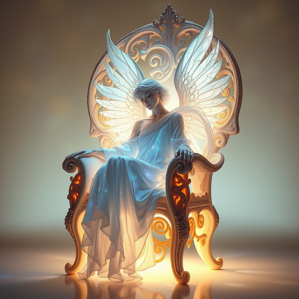 Ethereal Angel in Chair of Light: Surrealist Digital Art