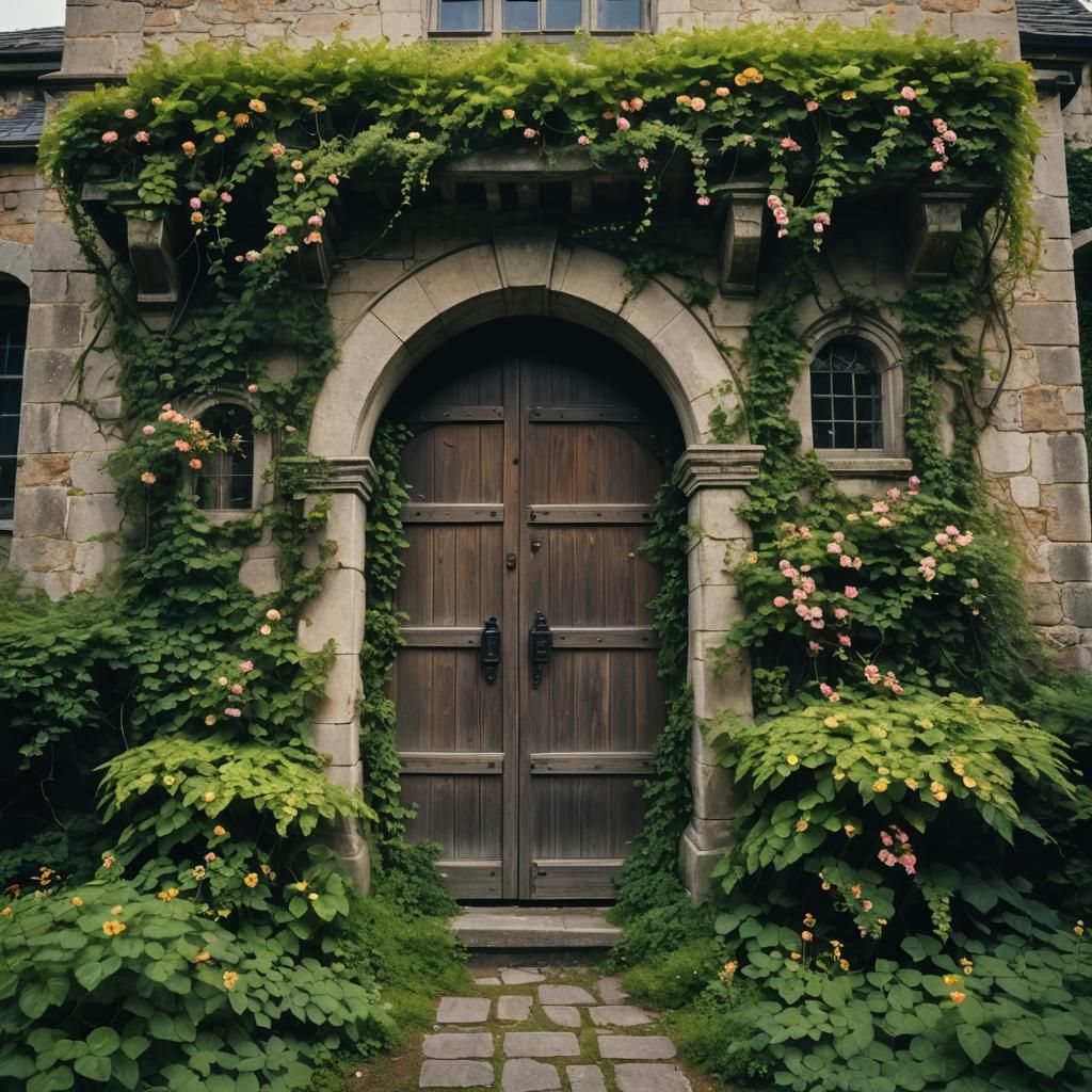 Old Castle Covered in Vines and Flowers