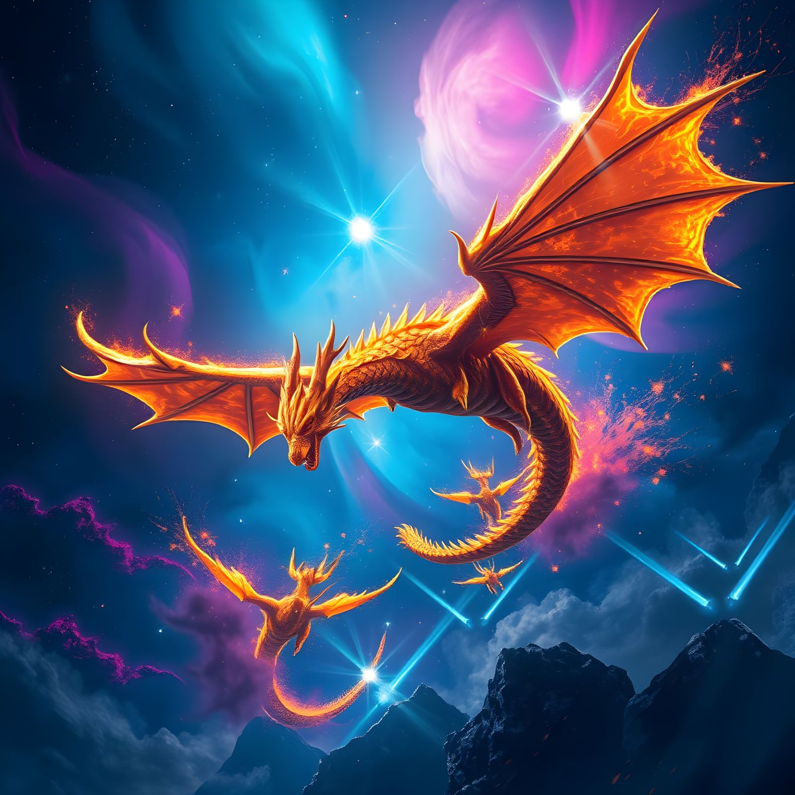Molten Gold Dragon Soars Through Cosmic Nebula
