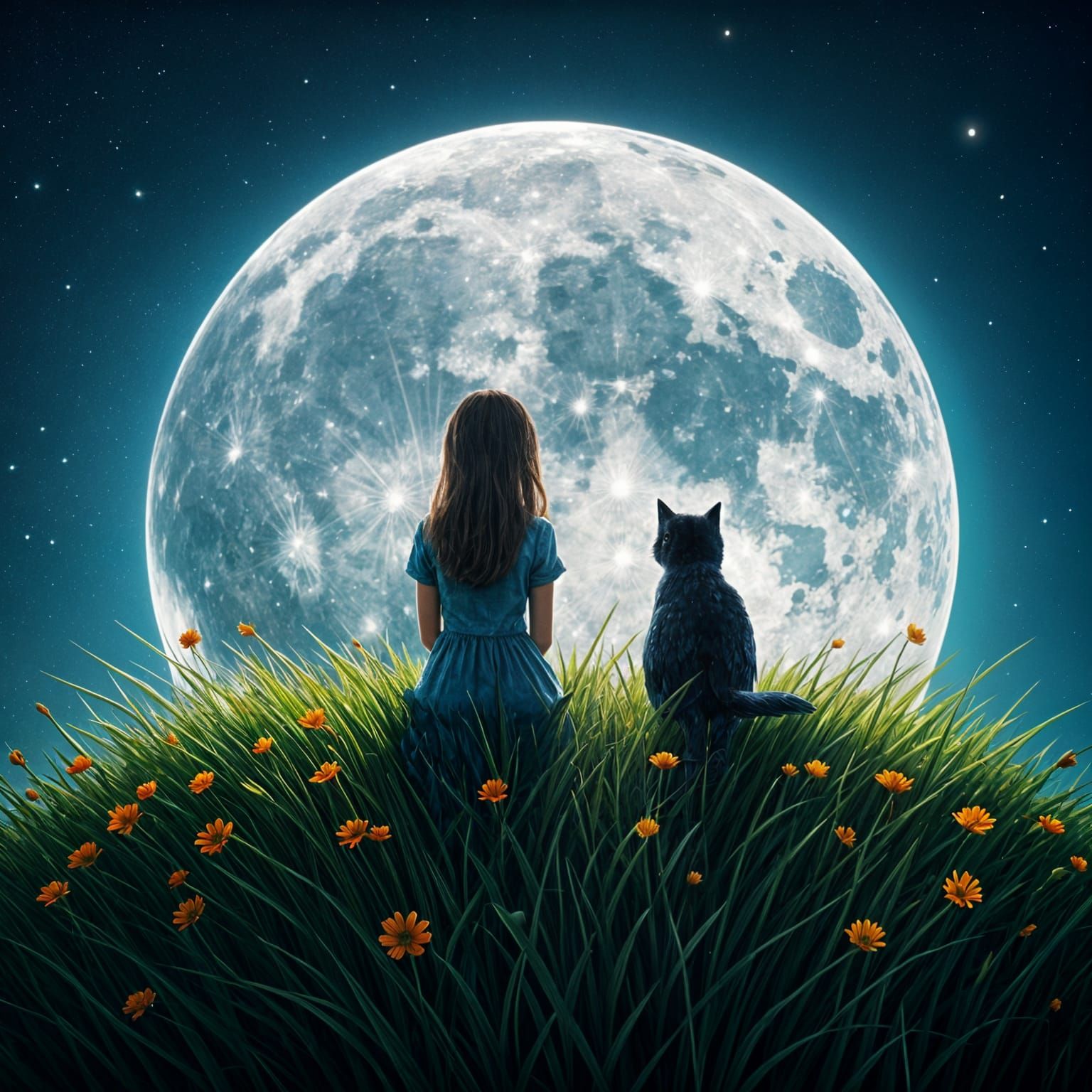 Girl and Cat on Moon in Ethereal Glow