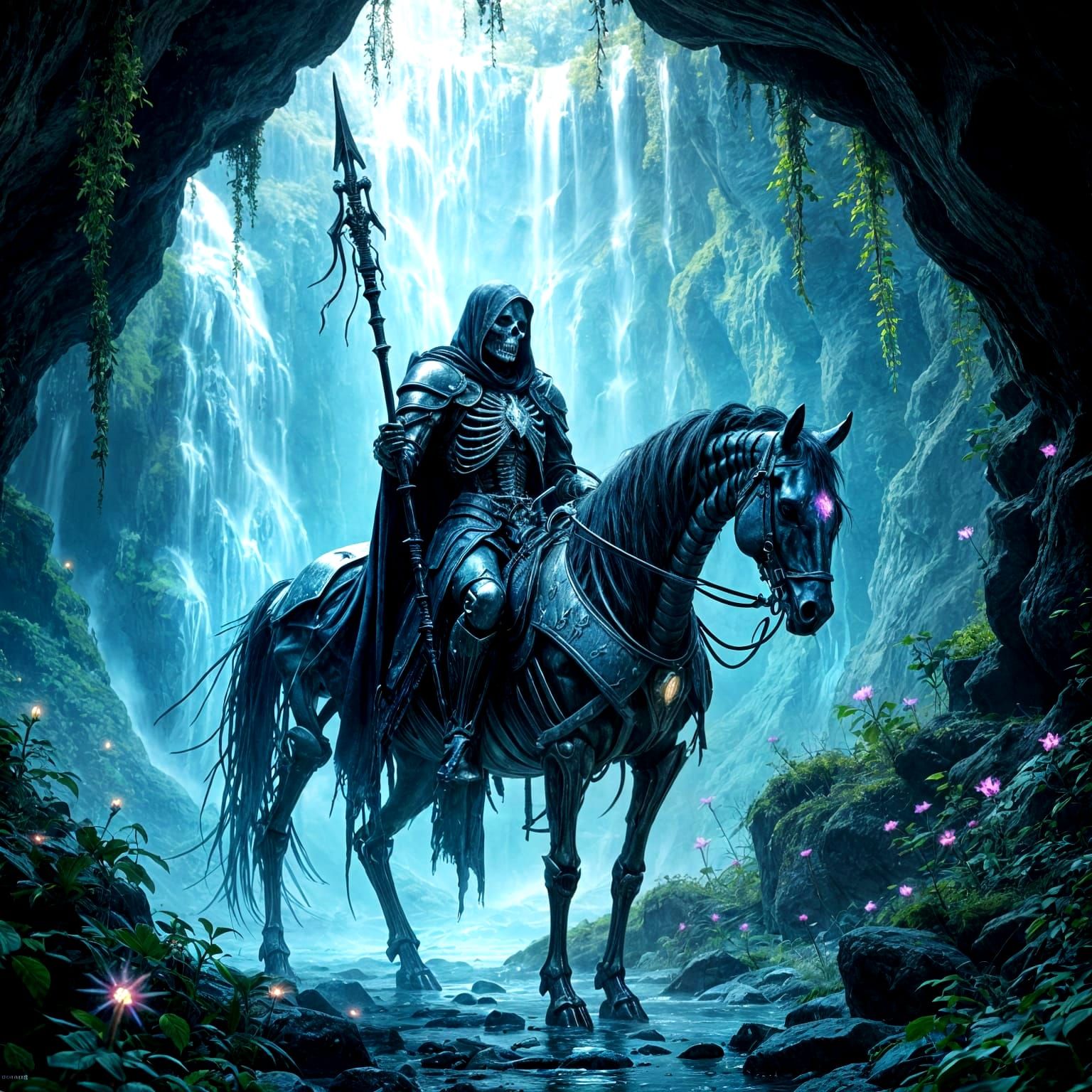 Skeleton Knight in Bioluminescent Grotto: Dark Fantasy Art