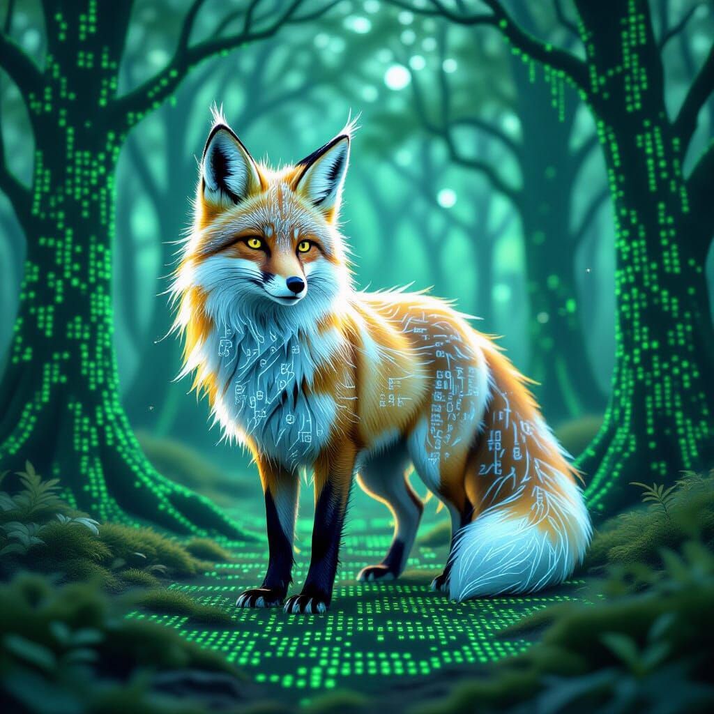 Mystical Fox of Hexadecimal Fur in a Digital Forest