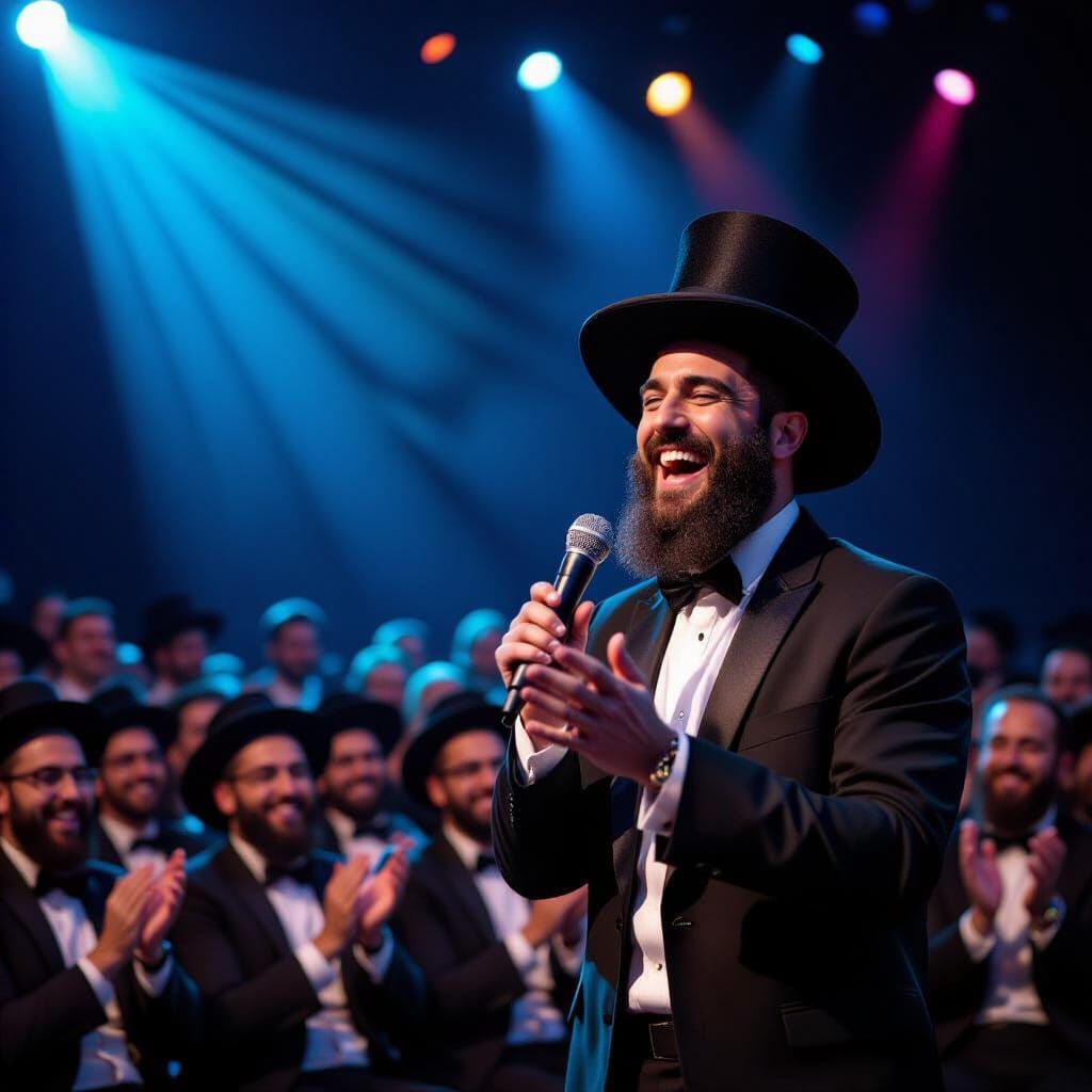 A handsome Haredi man with a magician's hat and a microphone...