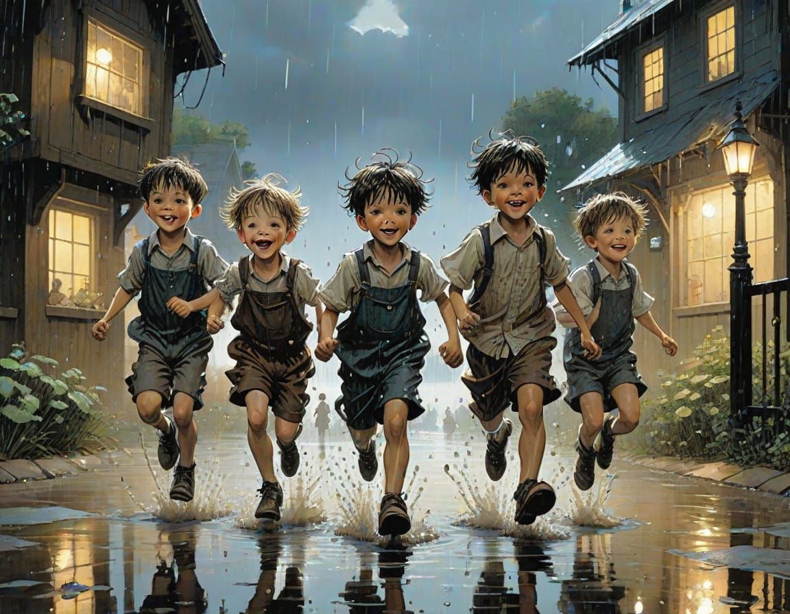 Children's Joyful Leap into Evening Puddles