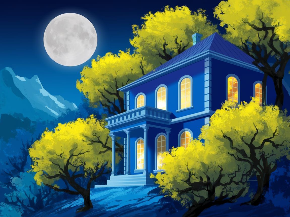 Whimsical Blue Villa Under a Glowing Moonlit Sky