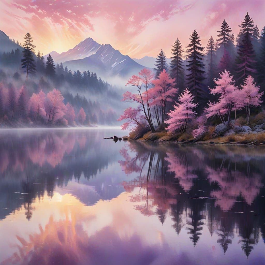 Serene Dawn Landscape in Impressionist Watercolor Style