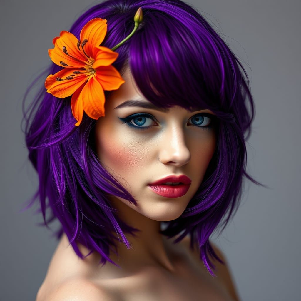 Glamorous Woman with Purple Hair and Orange Flower