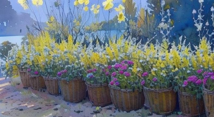 Floral Basket Watercolor in Impressionist Style