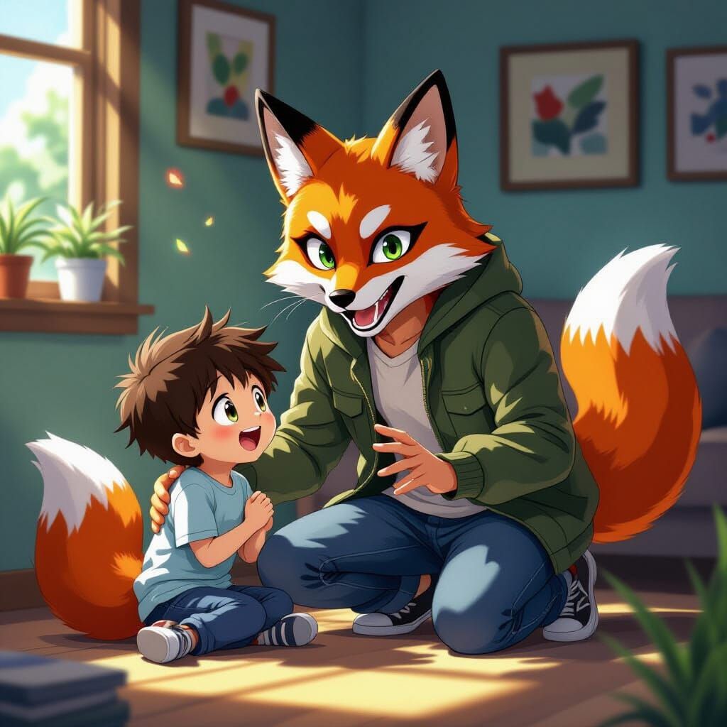 Anime Style Fox Masked Man Playfully Scares Brother