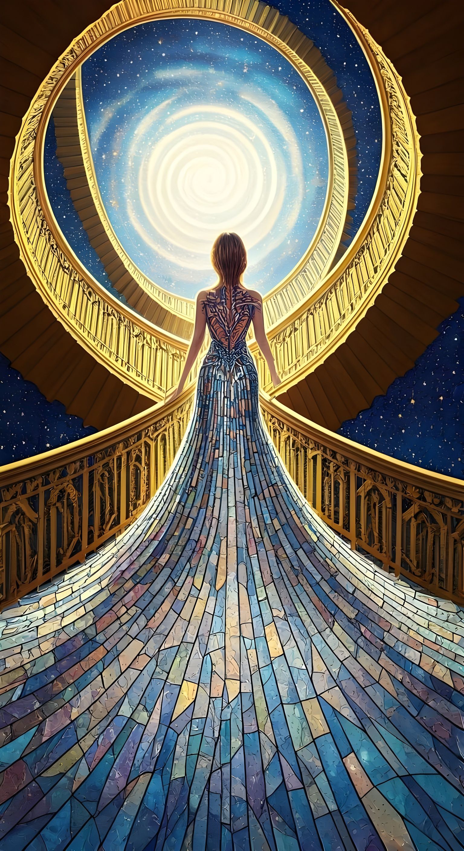 Surreal Stained Glass Goddess Ascends in Futuristic Style