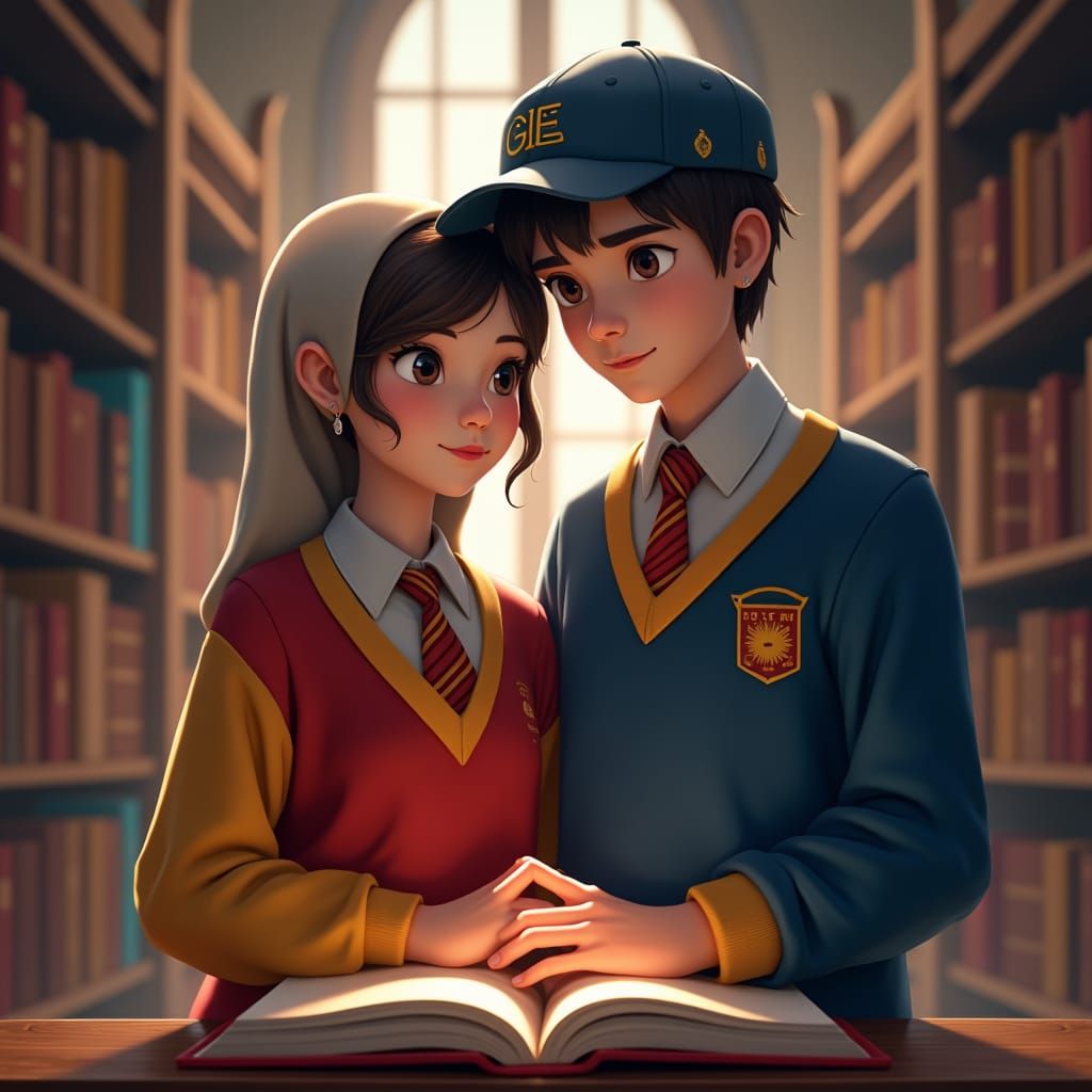 Magical School Library: A Young Couple's Serene Moment