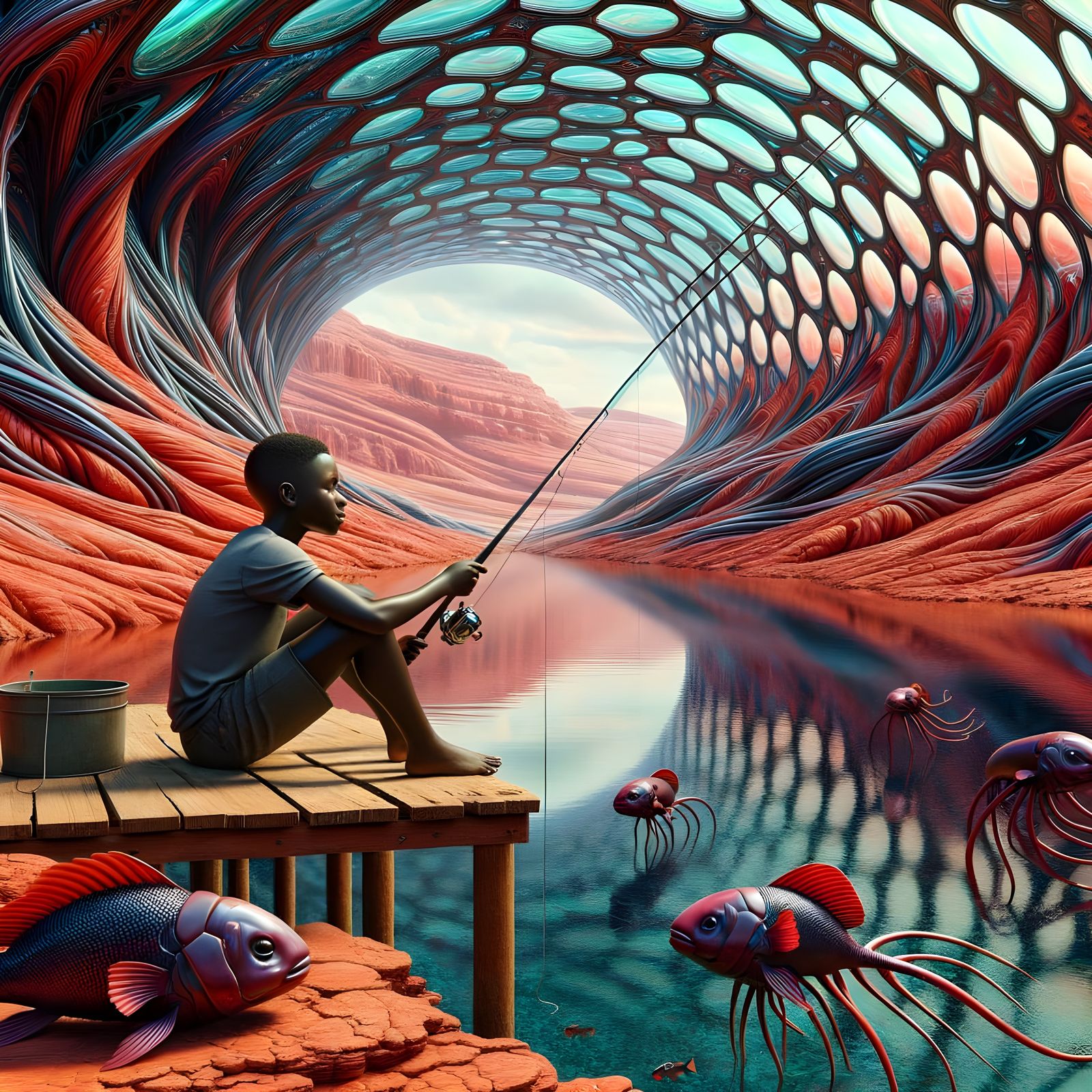 Young Black Person Fishing on Alien River in Red Desert