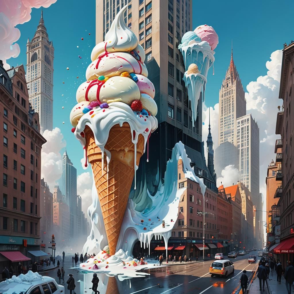 Surreal Melting Ice Cream Skyscraper in Vivid Colors
