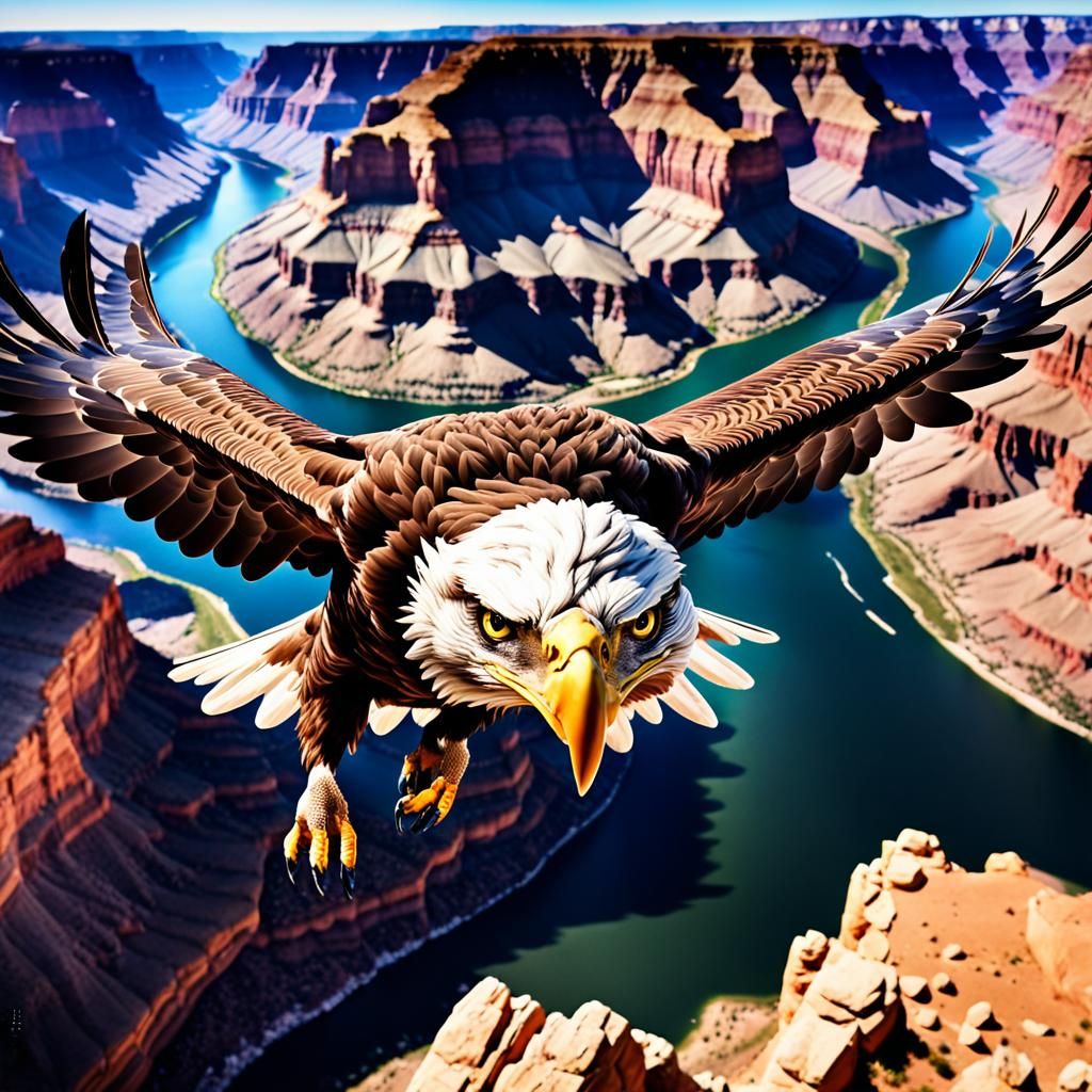 Eagle Soaring Over Grand Canyon: Macro Photorealistic View