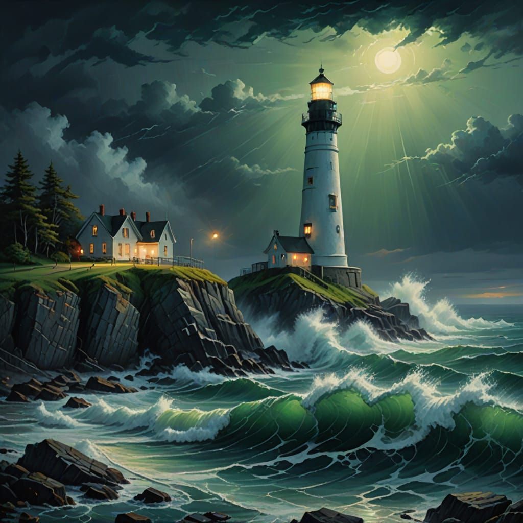 Dramatic Oil Painting of Lighthouse on Stormy Cliff