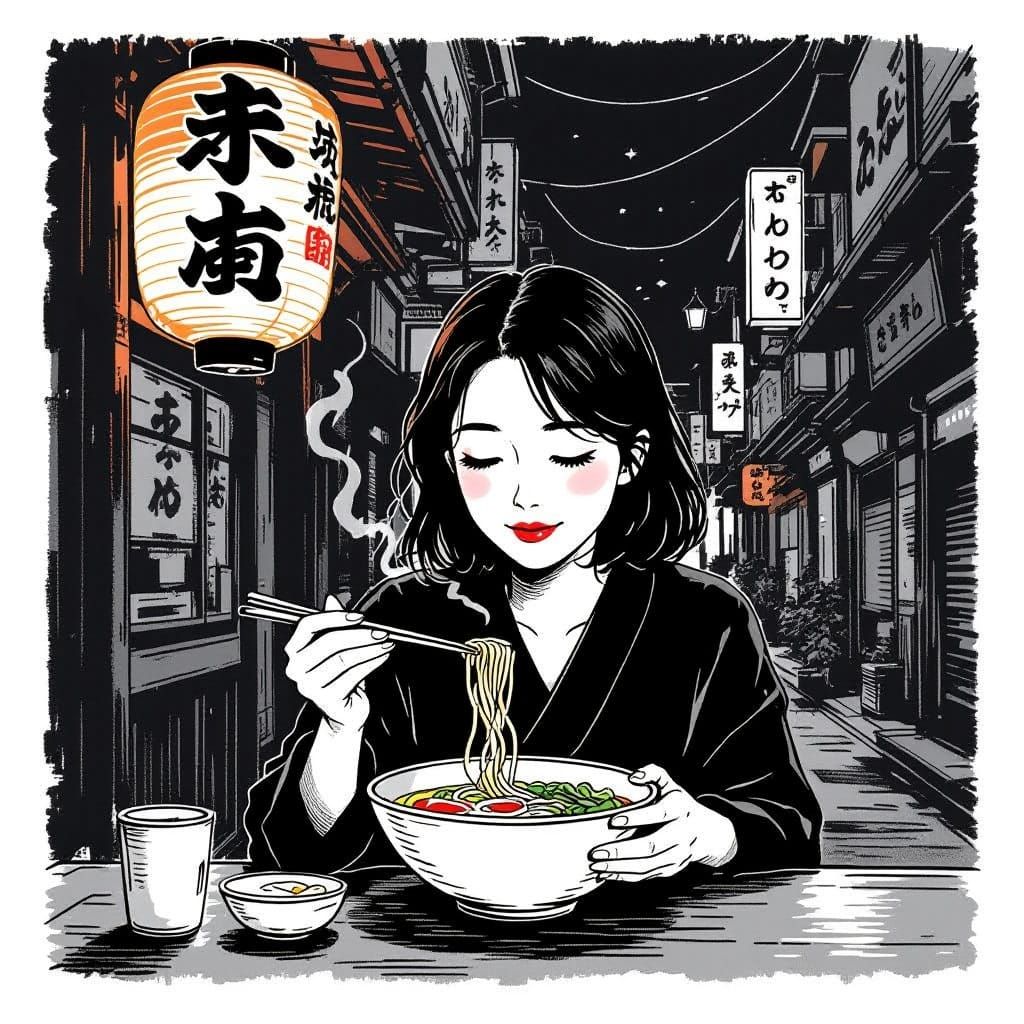 Black and White Ramen Scene: Solitary Woman in Nostalgic Atm...