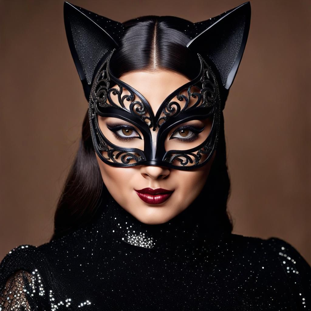 Elegant Overweight Woman in Cat Mask Portrait
