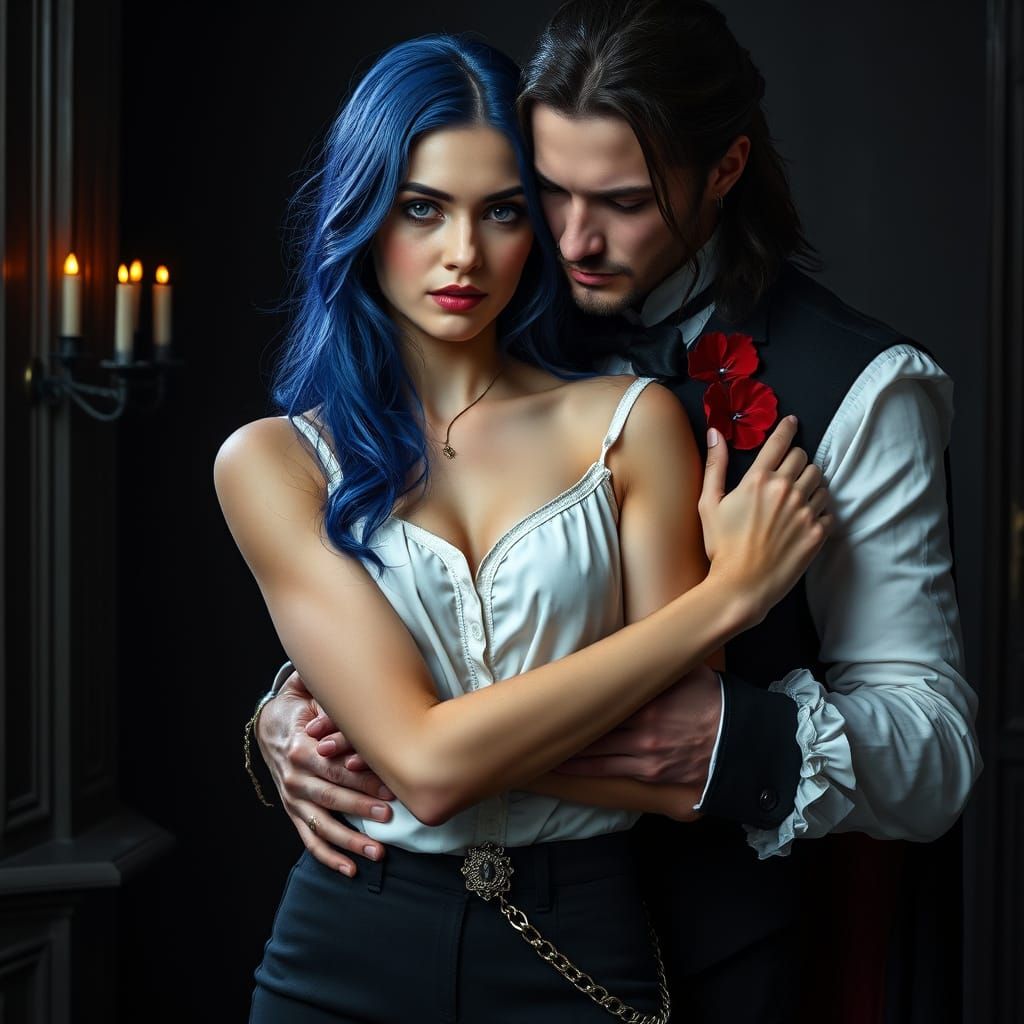 Gothic Romance Scene with Elegant Woman and Mysterious Vampi...