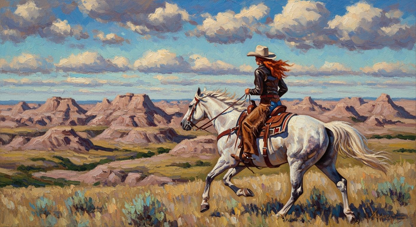 Impressionistic Cowgirl on Horseback in Badlands