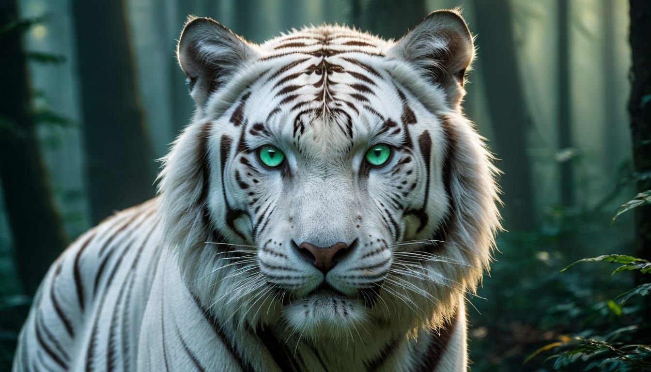 Mystic White Tiger in Misty Forest: Emerald Eyes